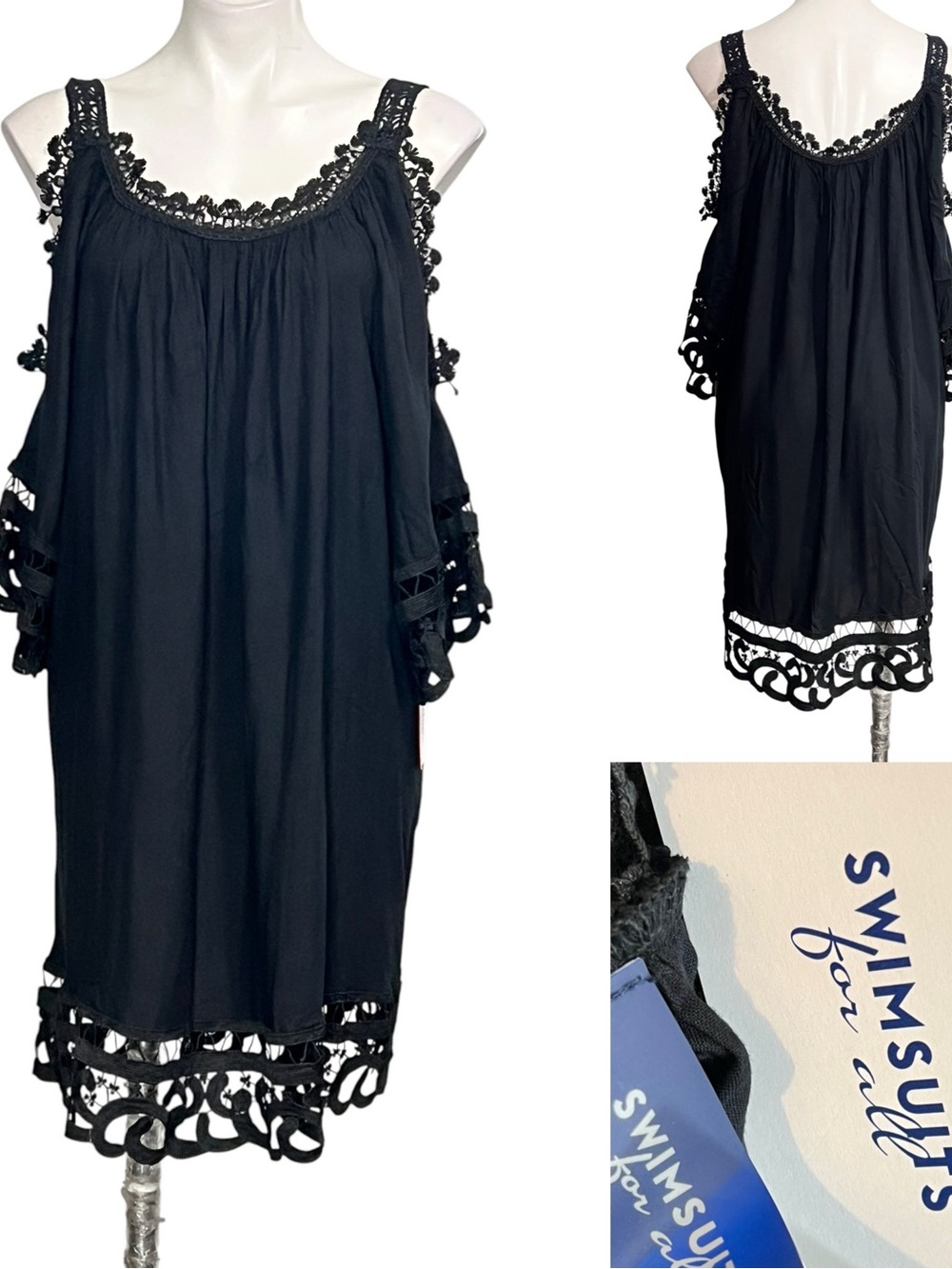 Swimsuits For All coverup dress 14/16 Black Crochet Cold Shoulder beach vacay